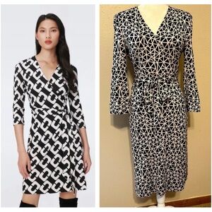 Sz 6 Diane Von Furstenberg Vintage Wrap Dress Black & Ivory Geometric Pattern